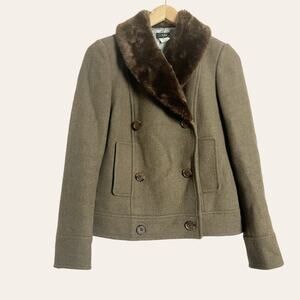 J. Crew Green Wool Blend Faux Fur Shawl Collar Double Breasted Jacket Size 0